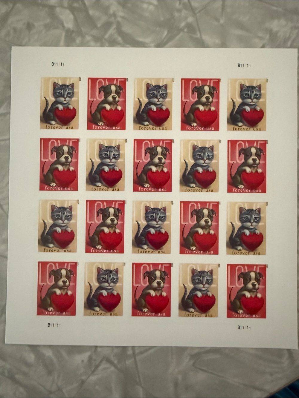 Cute Cat & Puppy Heart Forever USA Stamp Sheet - Red & Cream